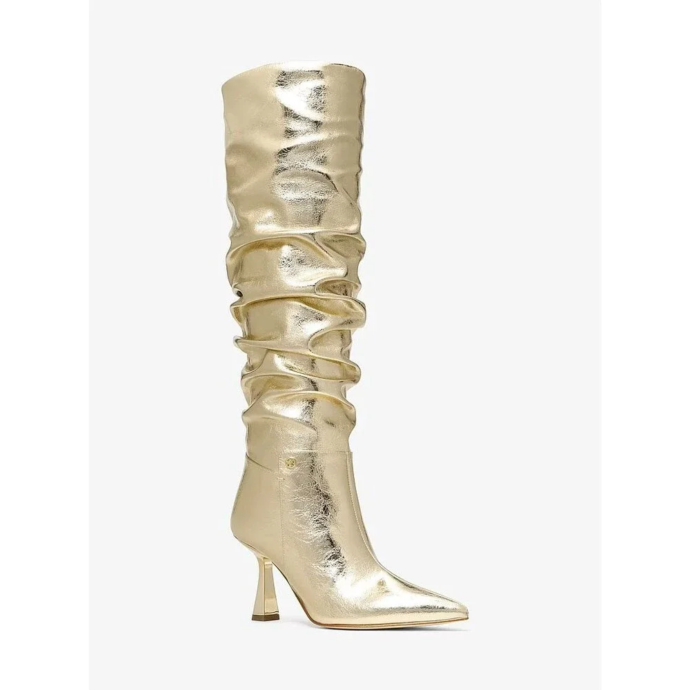 Michael Kors Women's Cracked Metallic Leather Tall Boots Gold NIB SZ 8